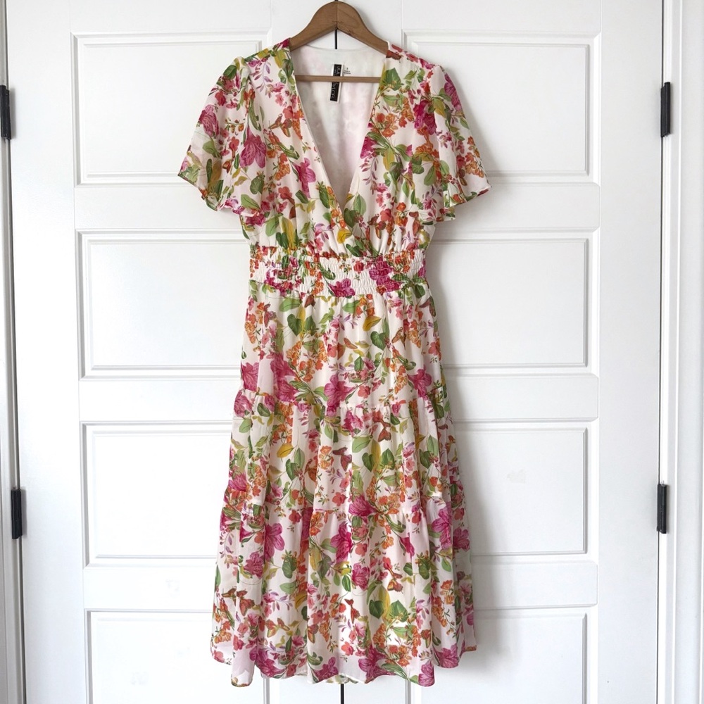 Julian Taylor Floral Midi Dress 8 Pink Butterflies Garden Wedding Summer Classic